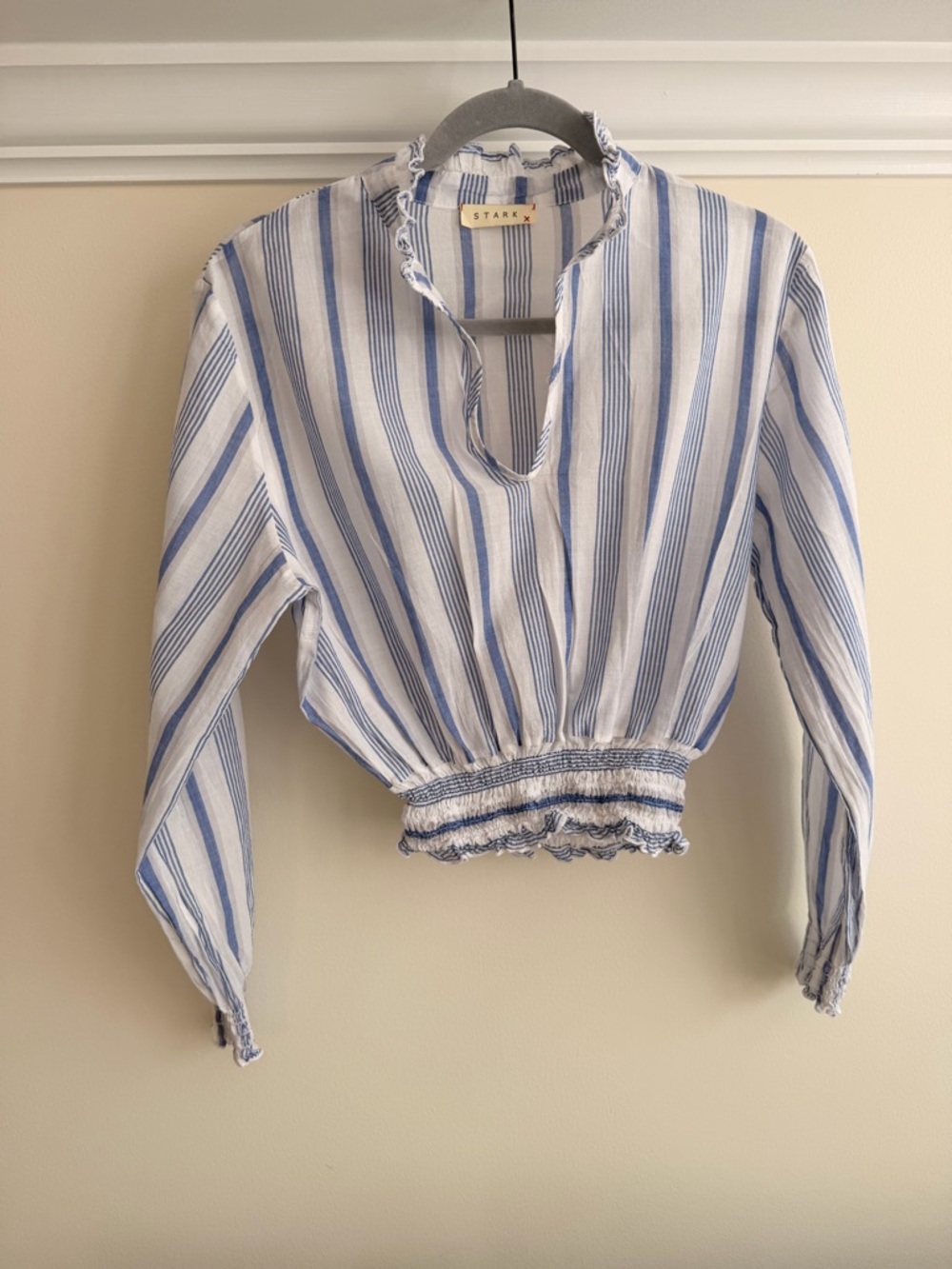 STARK Blue & White Striped Smocked-Hem Blouse